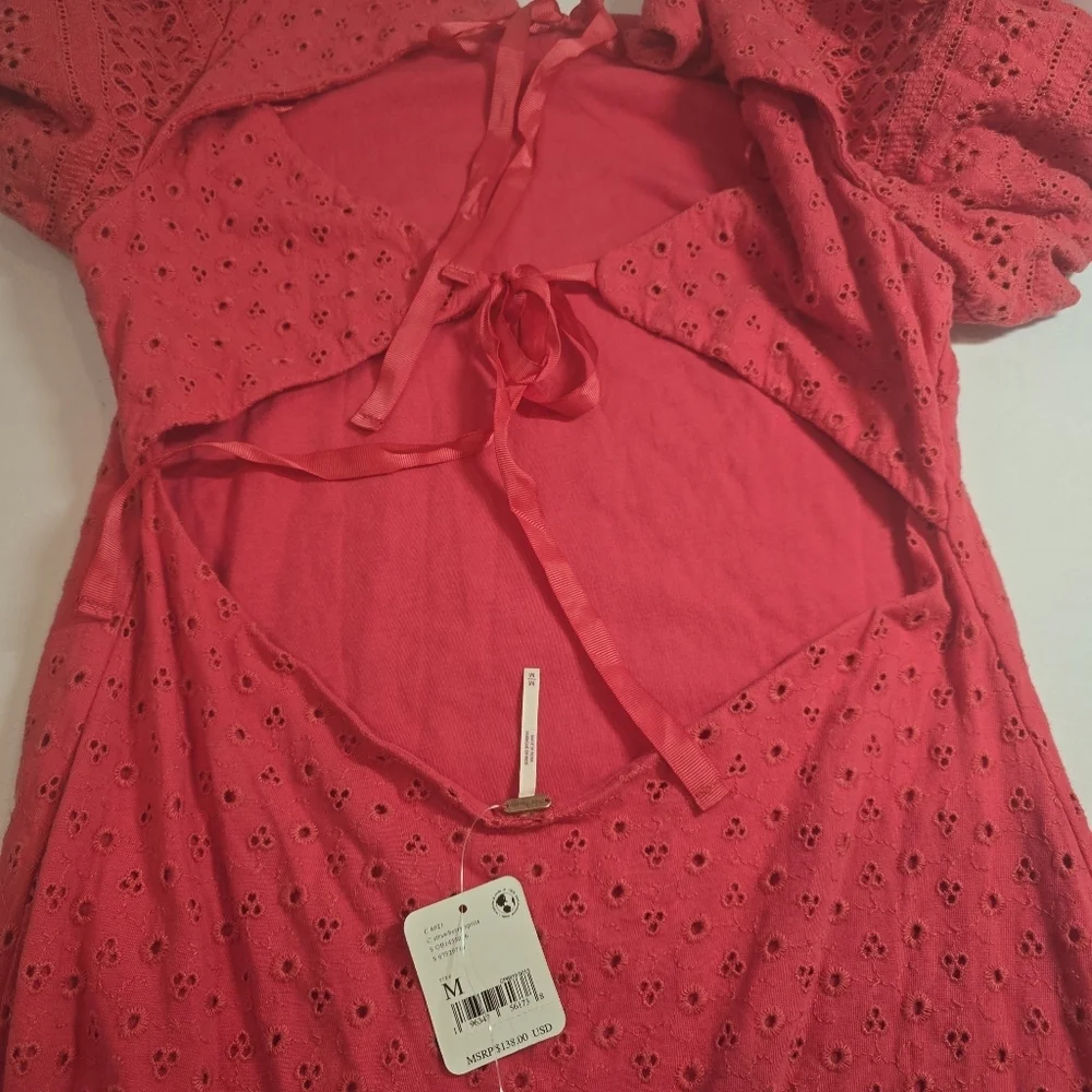 NWT Free People Pink Eyelet Apricot Rose Puff Sleeve Mini Dress - Picture 4 of 4